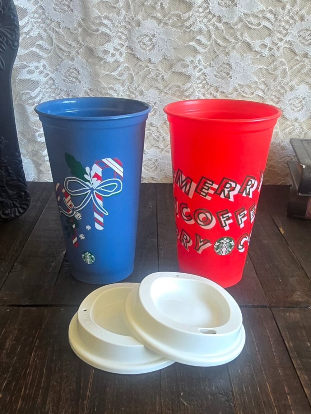Starbucks Holiday Lot - 2021 Blue Candy Cane/2019 Red Merry Coffee - Reusable Ho